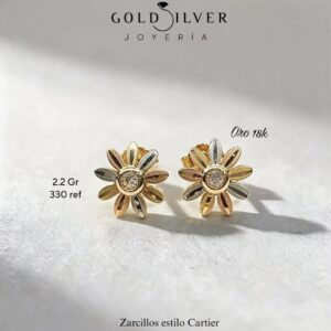 Aretes Flor Bicolor con Circonia en Oro 18K