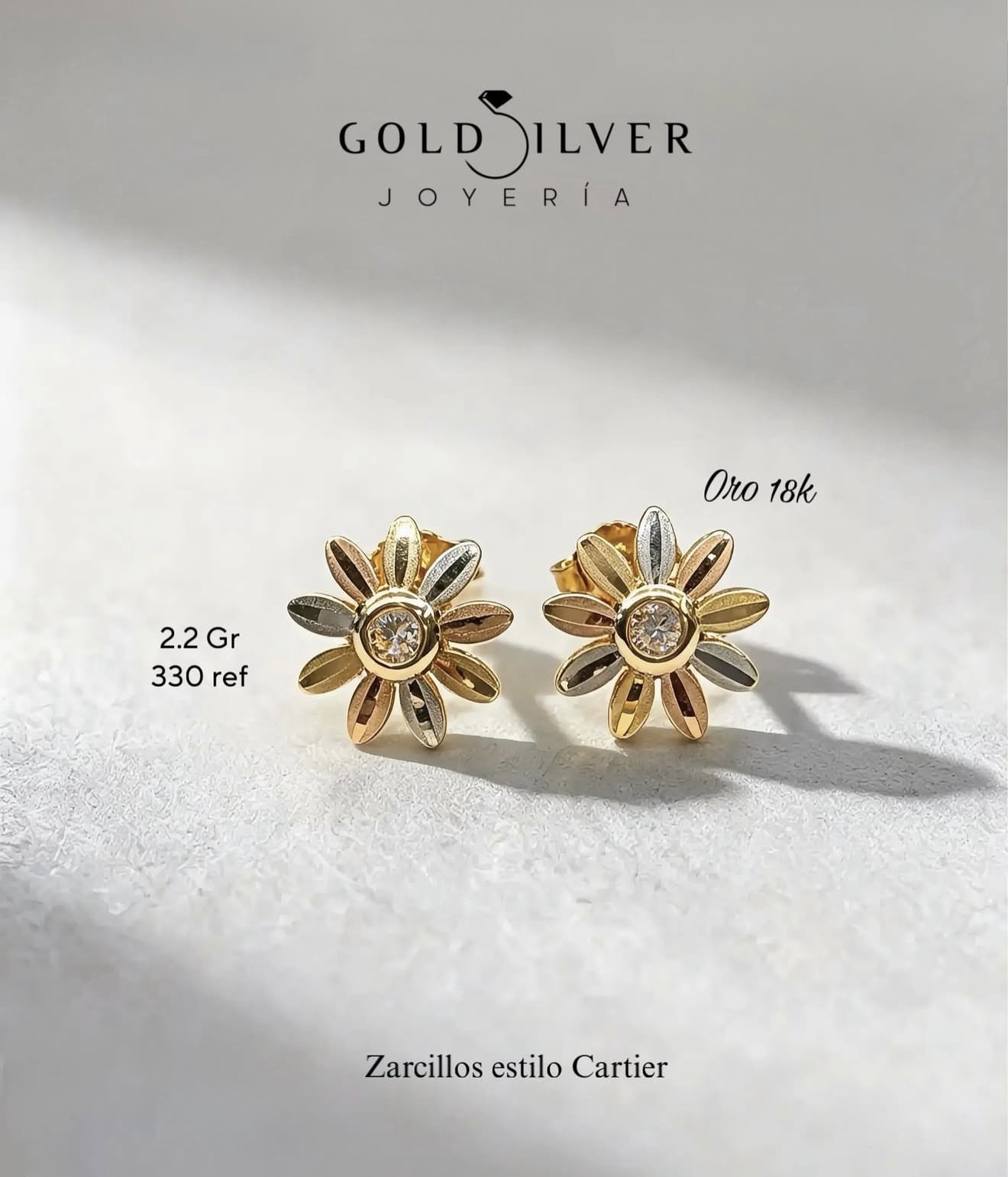 Aretes Flor Bicolor con Circonia en Oro 18K