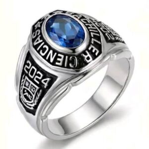 Anillo de Grado Bachiller en Ciencias con Piedra Azul en Oro Blanco 18K